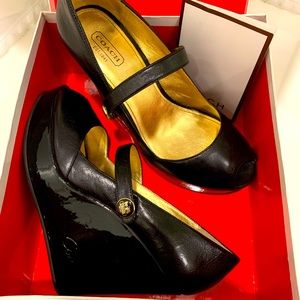 Coach Magda Wedge Black Patent peep toe Mary Janes. Size 7.5 M